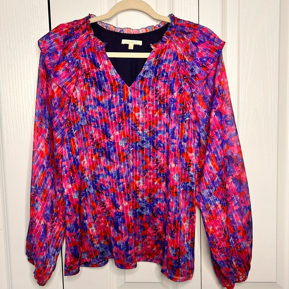 Skies Are Blue Womens Blouse Top Small Pink Blue Floral Smocked Woven Ruffle